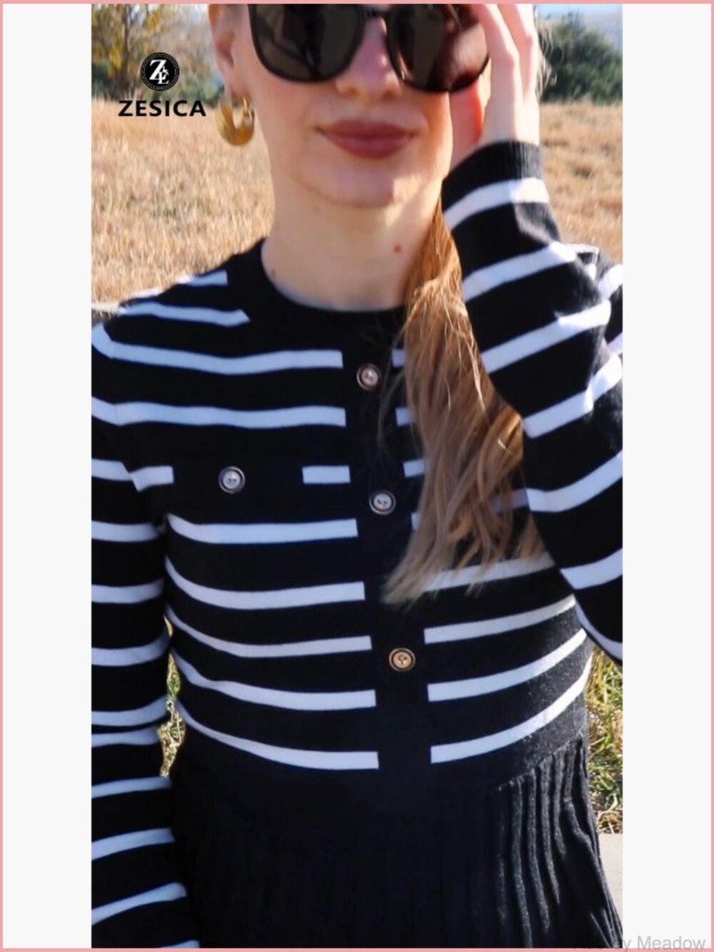 Long Sleeve Striped Knit Pleated A-Line Swing Midi Dress - Picture 6 of 7